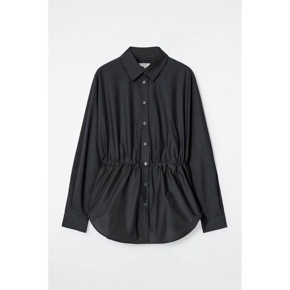 COS Cinched Waist Cotton Poplin Button Down Shirt Size 6 Minimalist Modern Black